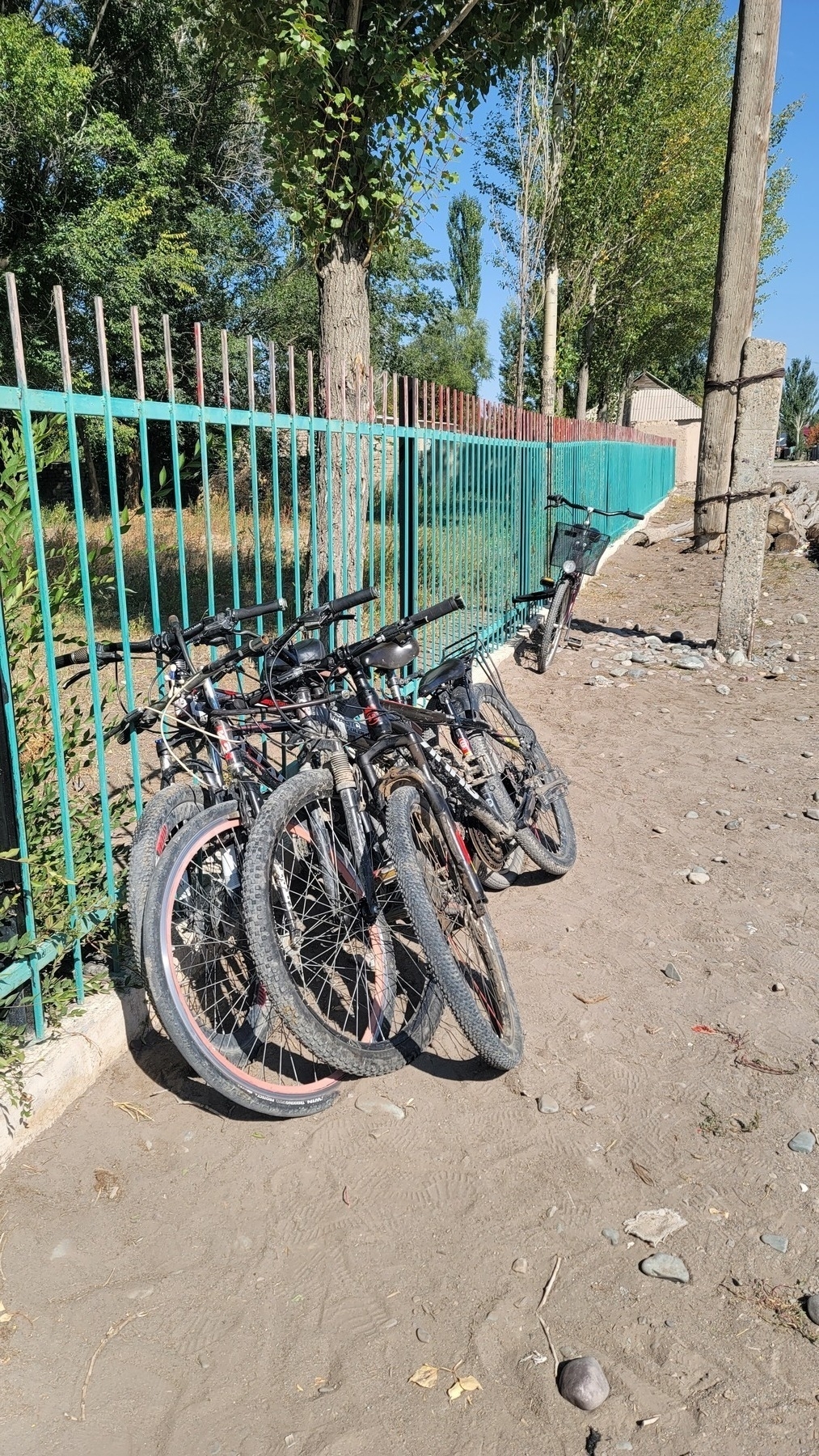 bikes leaned against a metal fence painted teal