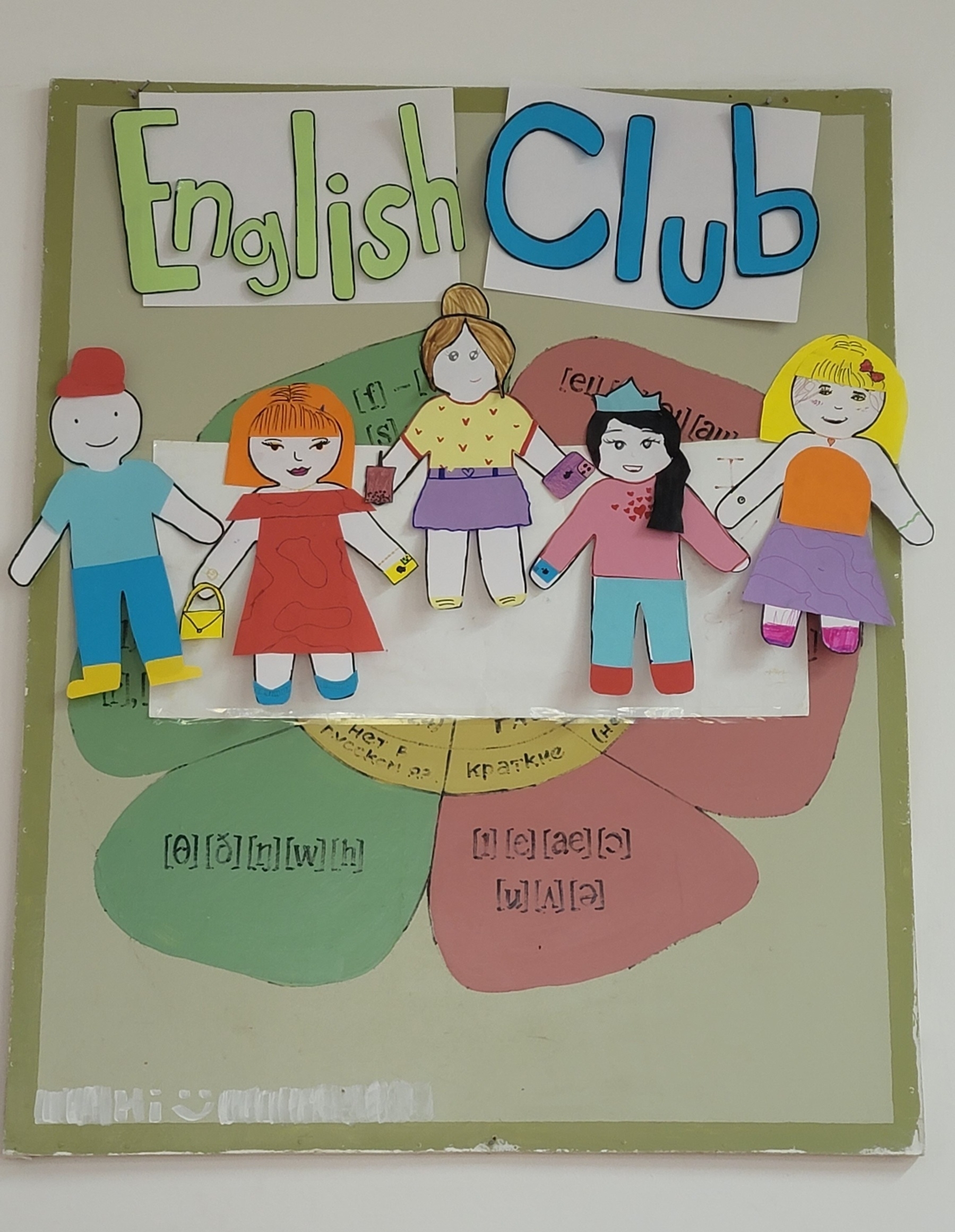 display on a board that reads 'English Club' and has 5 people made of paper (1 boy, 4 girls) wearing different things