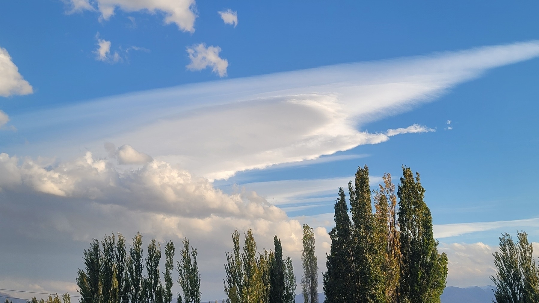 two big white clouds, one thick, one more wispy, in a blue sky