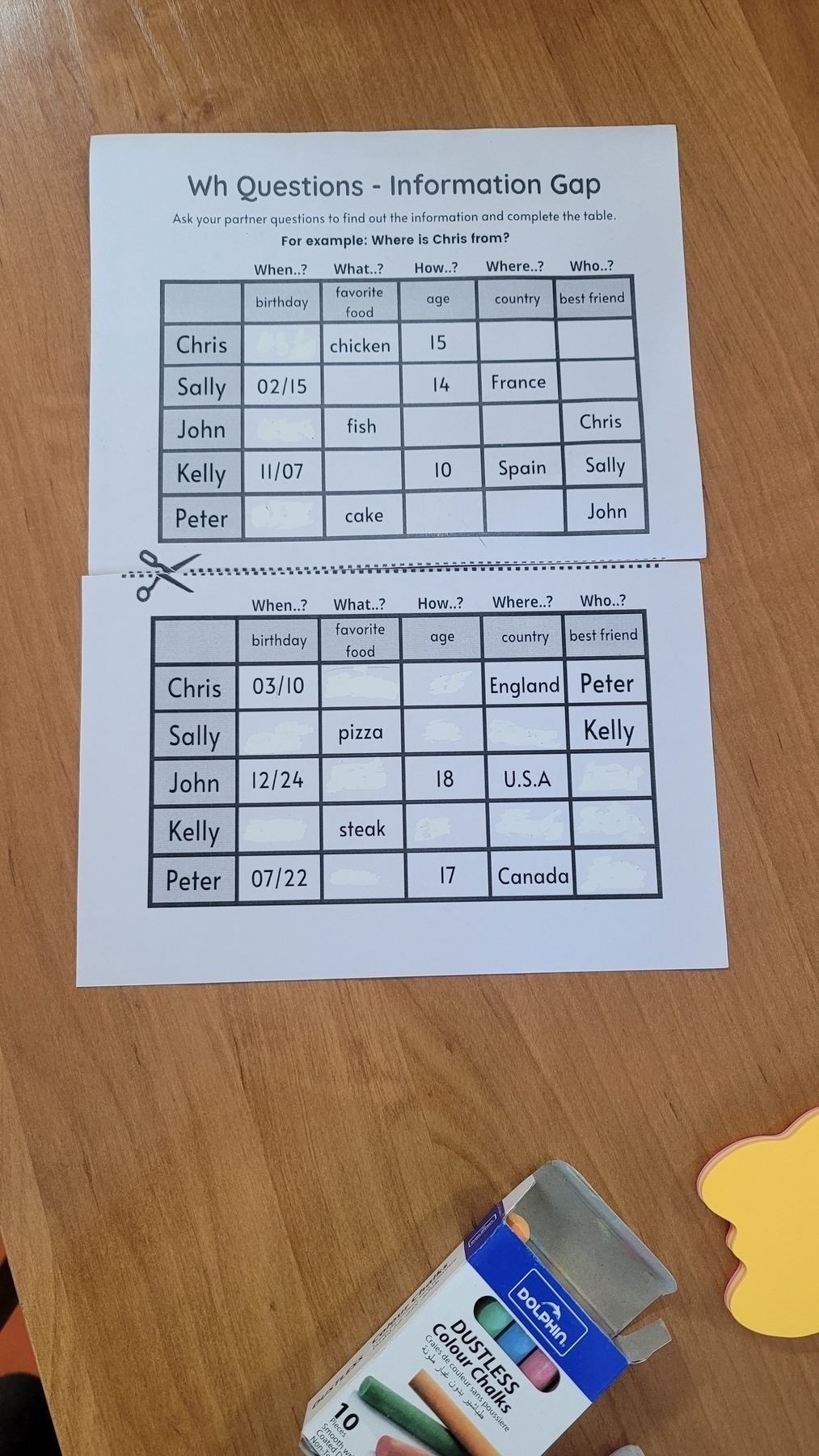 a pair of corresponding wh- question information gap worksheets on a wooden desk with a box of chalk and butterfly shaped sticky notes