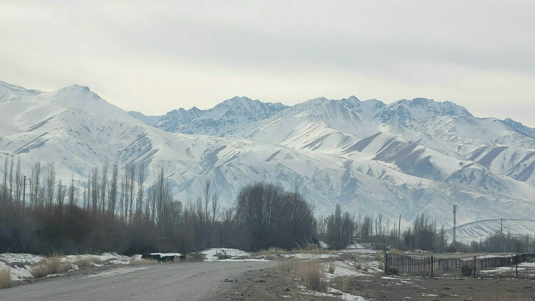 snowy mountains behind village (brown trees, dirt road, some houses)