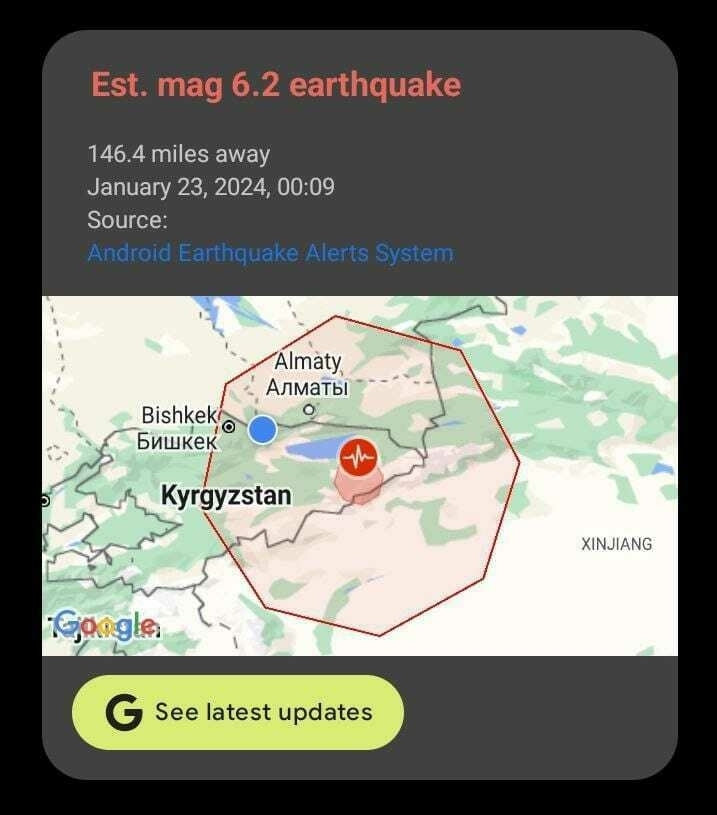 Android Earthquake Alert screenshot showing my location compared to the epicenter of a recent earthquake (which appears to have been in Kyrgyzstan, but was actually in China)