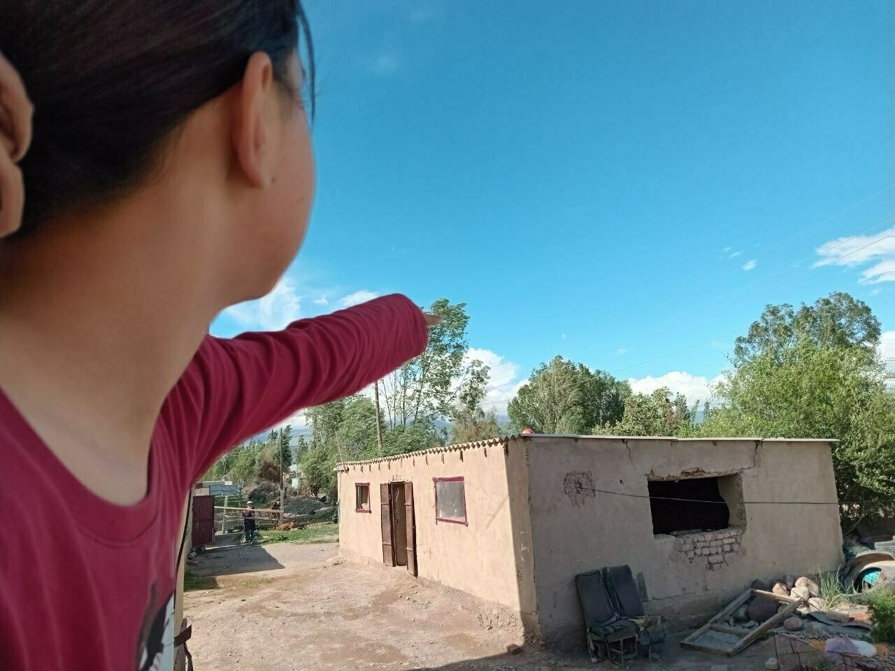 back of a girl in red shirt with a ponytail pointing at an orange ball on a roof