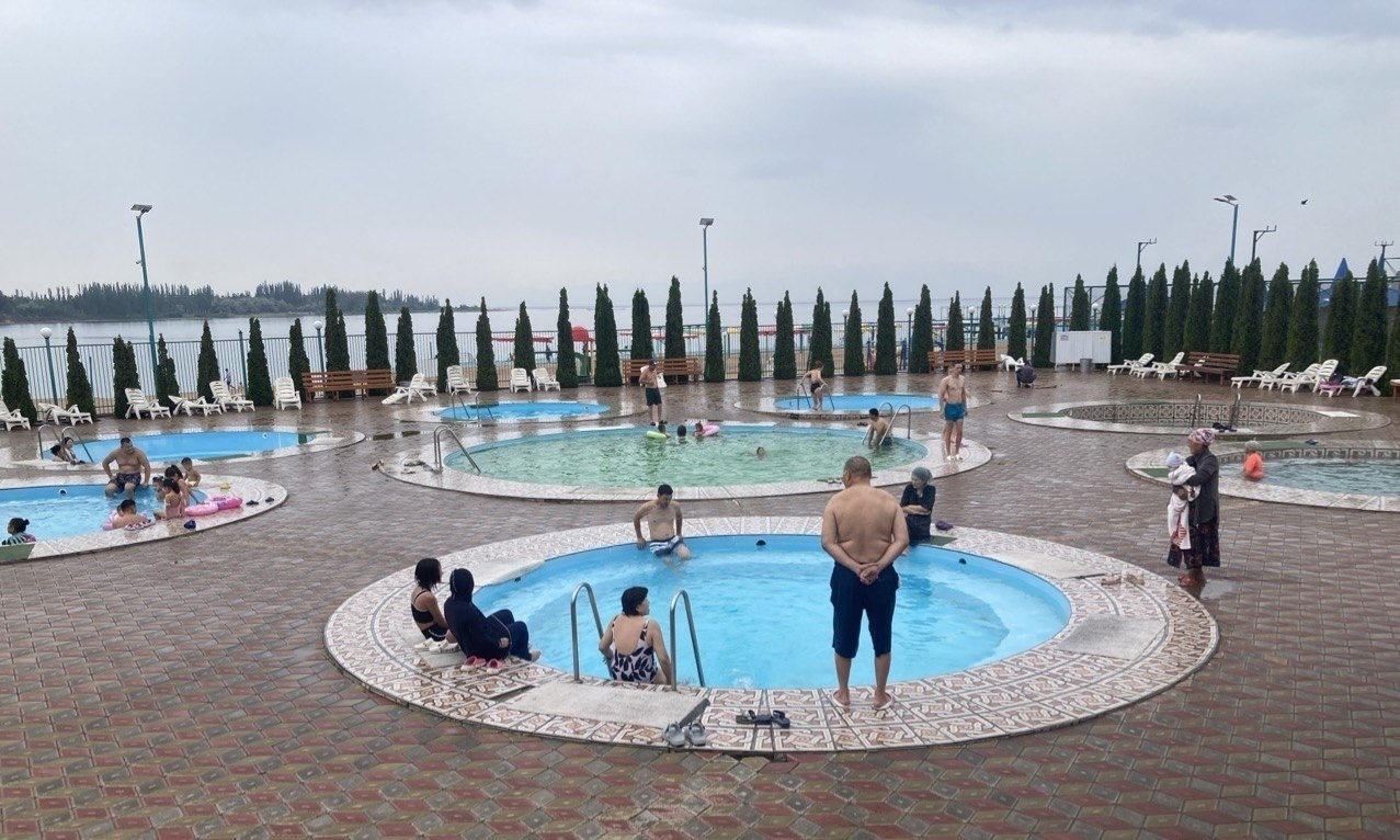 8 circular pools of slightly different sizes and shades of blue