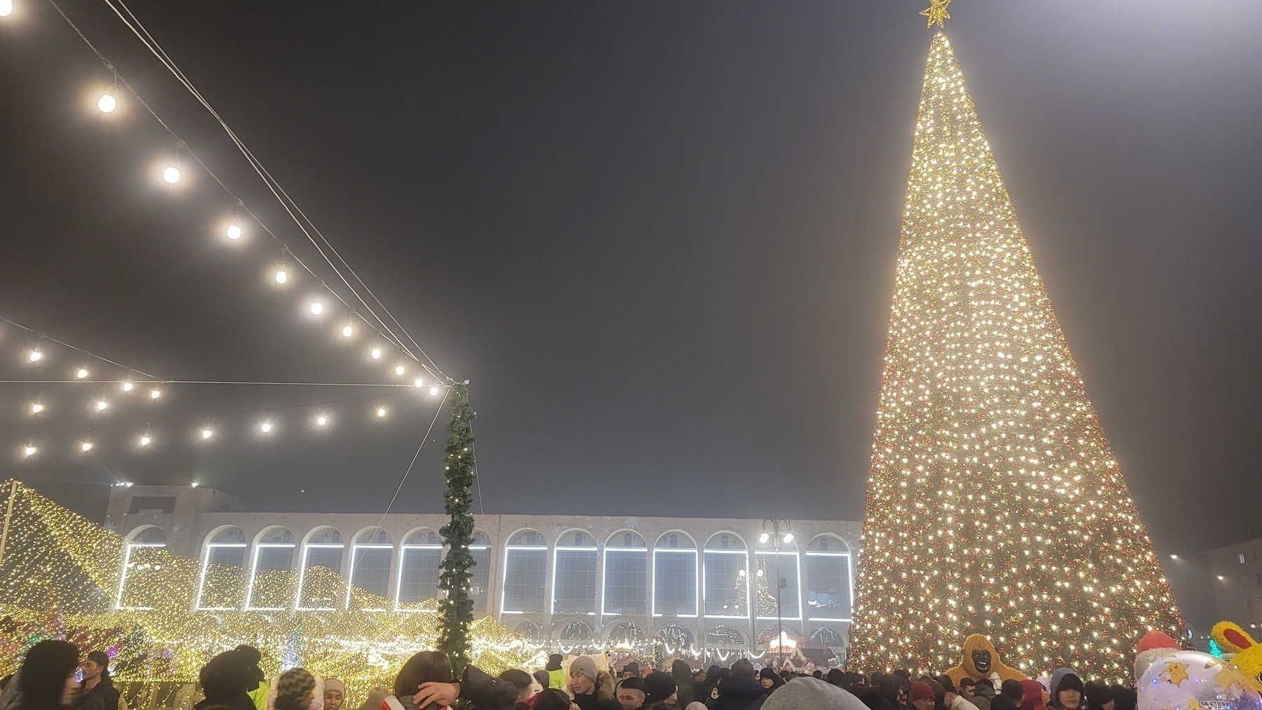 crowd of people by a tall Christmas tree and building