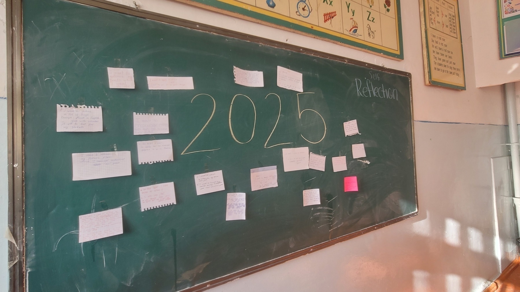 '2025' written on a chalkboard with paper notes taped around the year