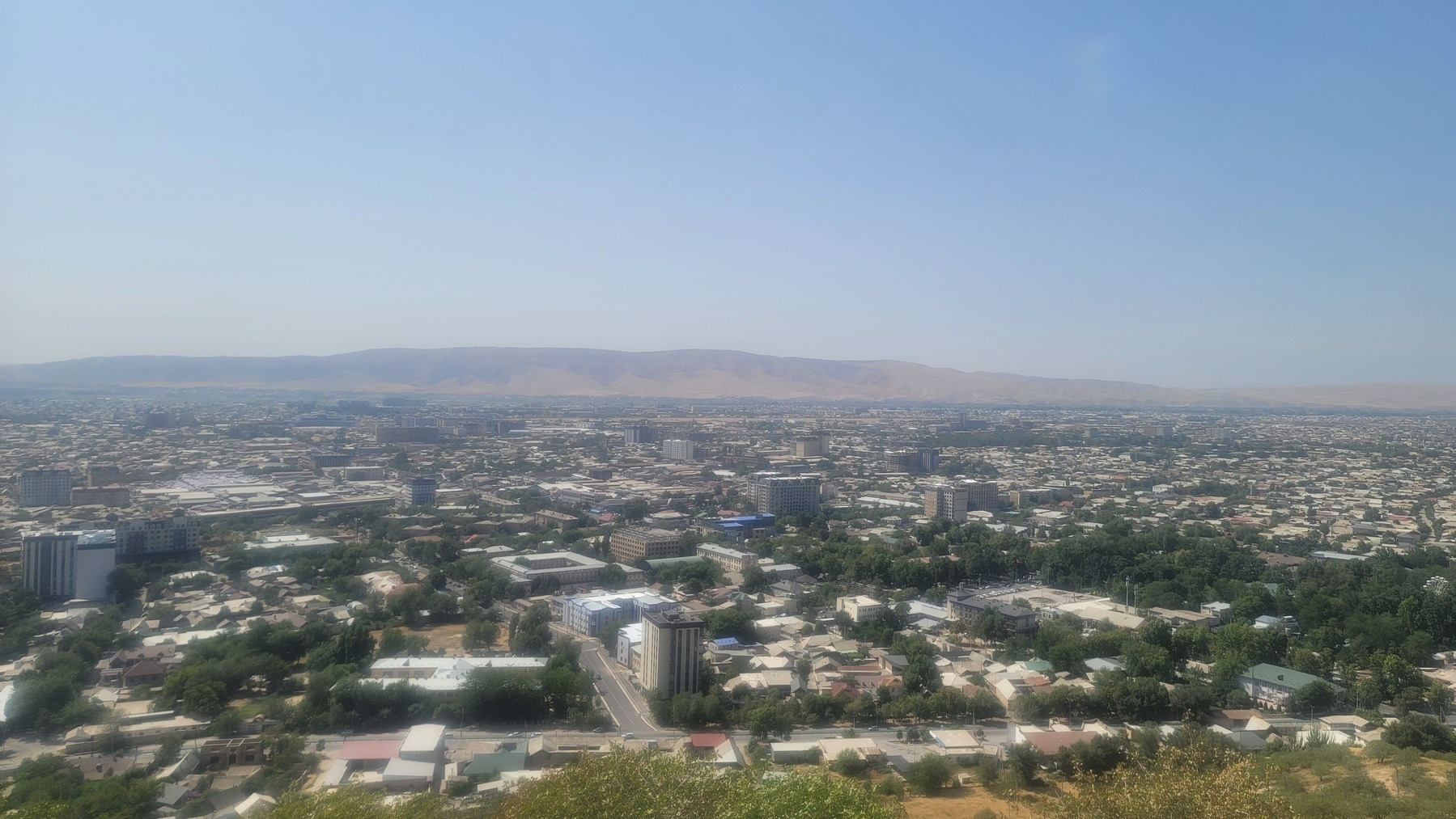 city with trees. a brown small mountain/large hill in the background