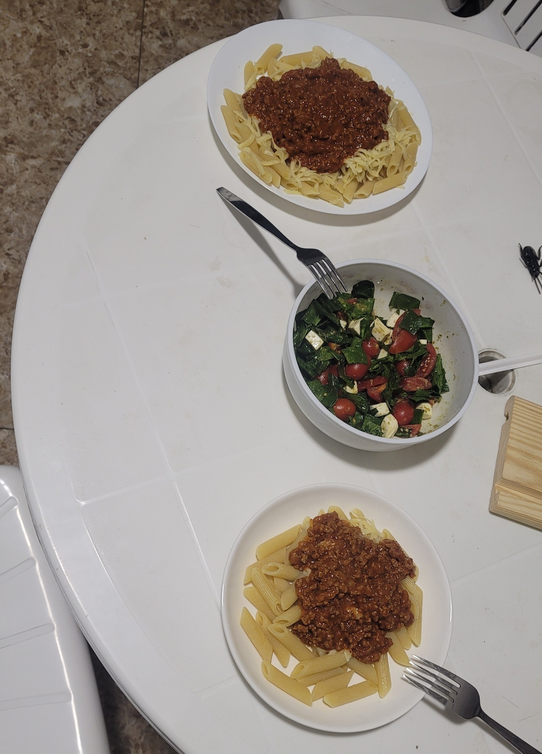 Two plates of spaghetti and a bowl of salad 