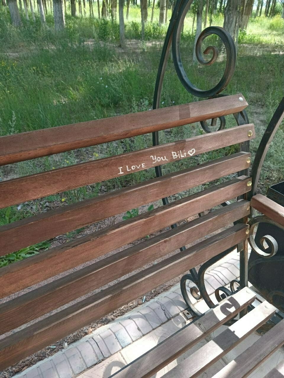 brown wooden bench with 'I love BiLi' written on the backrest