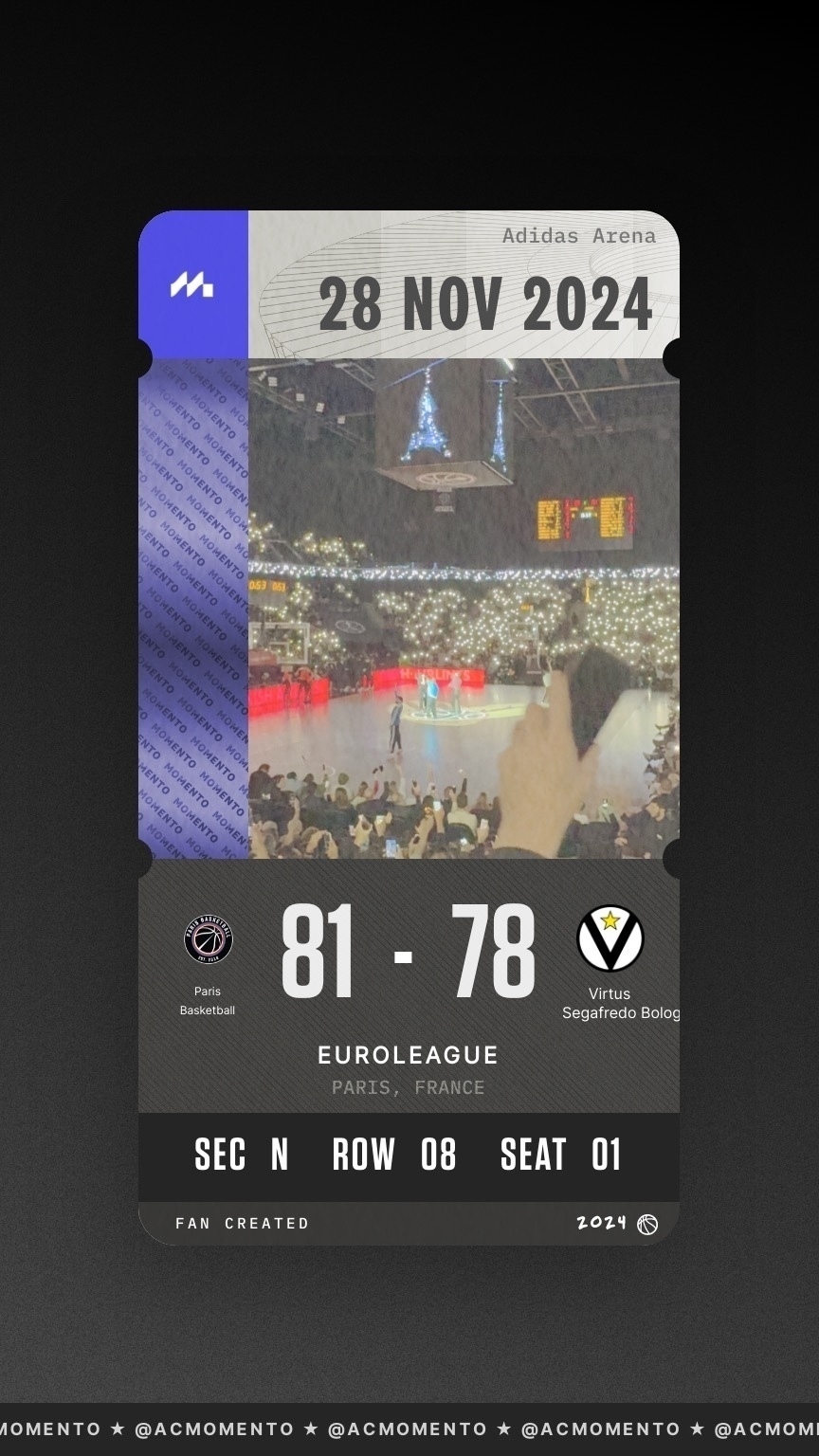 A fan-created digital ticket displays a Euroleague basketball game between Paris Basketball and Virtus Segafredo Bologna, with a final score of 81-78, dated November 28, 2024, at Adidas Arena.