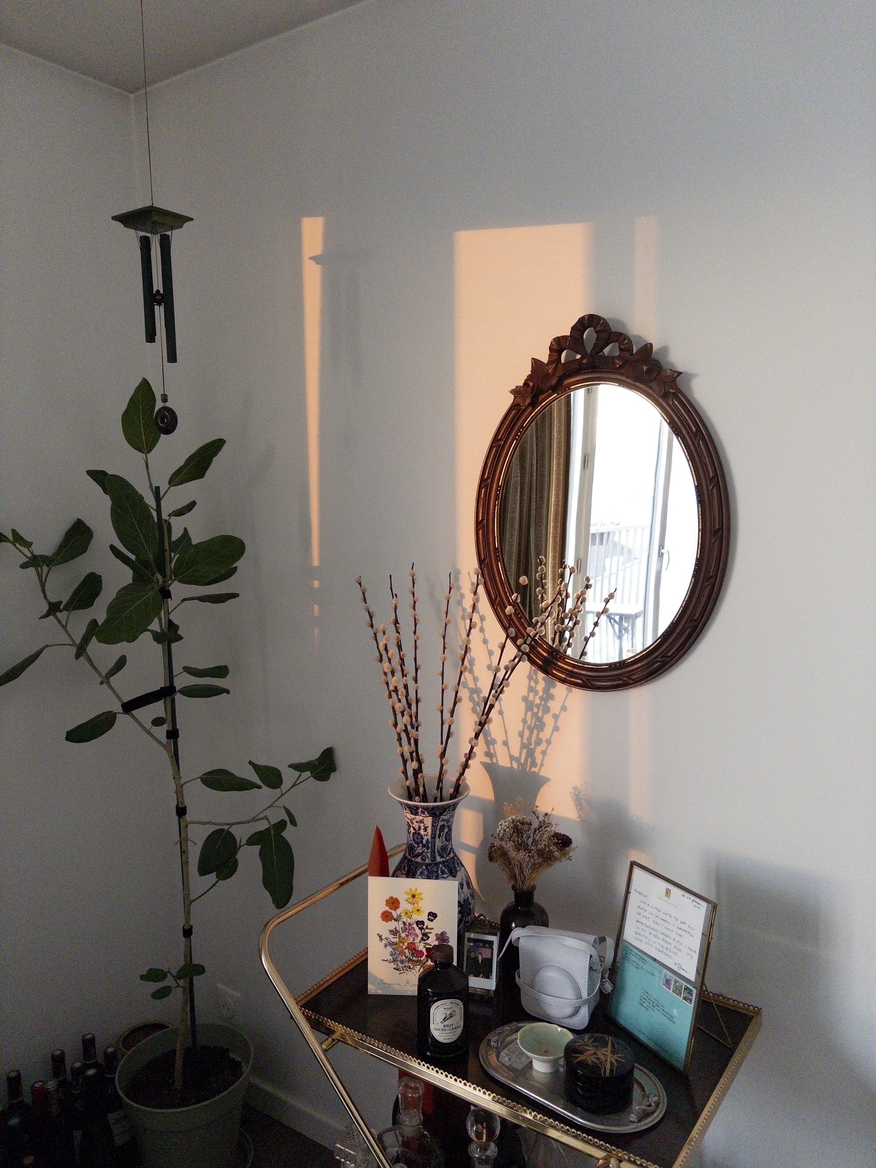 A cozy corner features a potted plant, a decorative mirror, and a small table adorned with various items including a vase with branches and framed pictures.