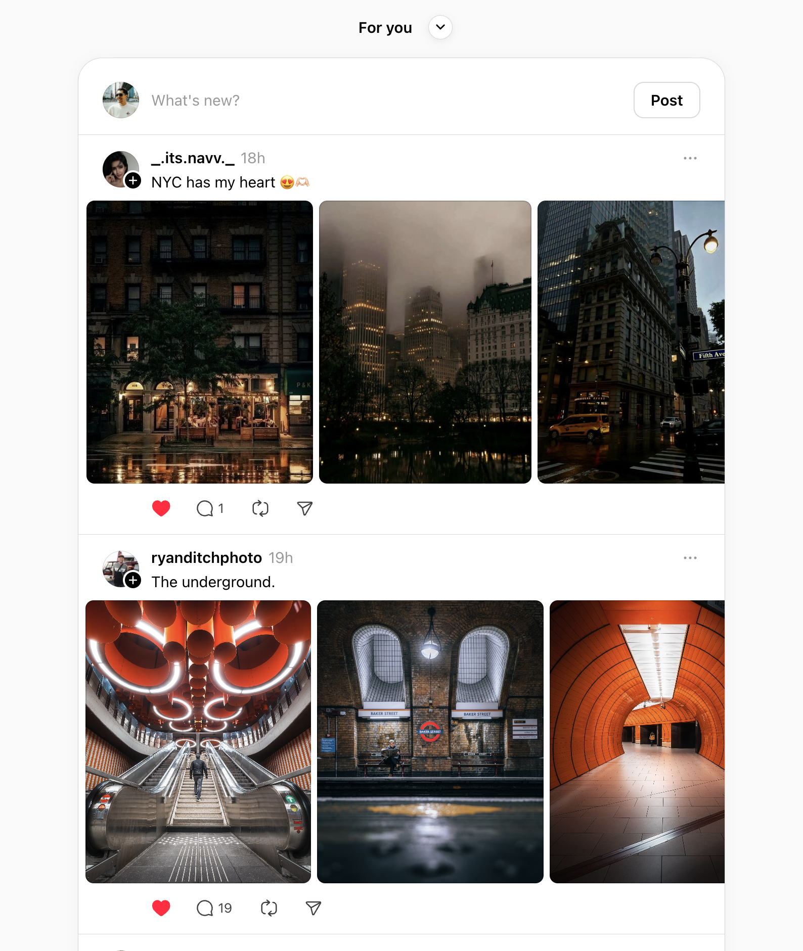 screenshot of my Threads feed. Two posts are in the feed, each with a series of photographs attached to them (one about NYC, the other about London)