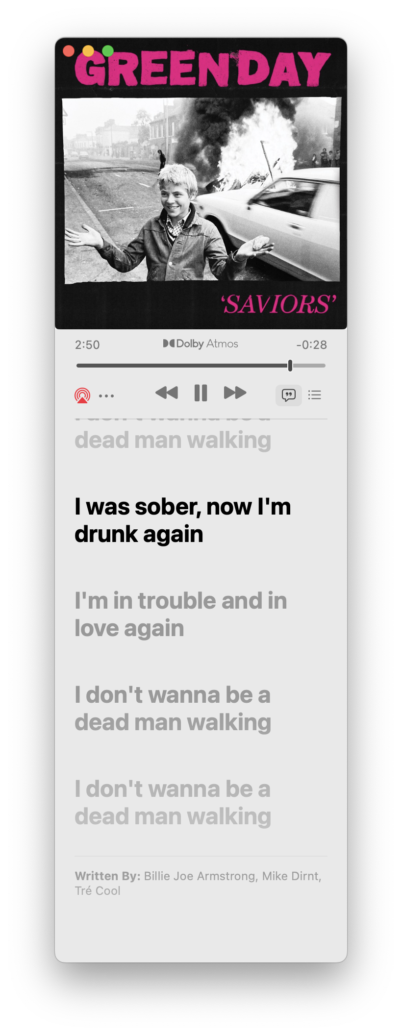 Screenshot of Apple Music: Green Day’s new album Saviors is being played!