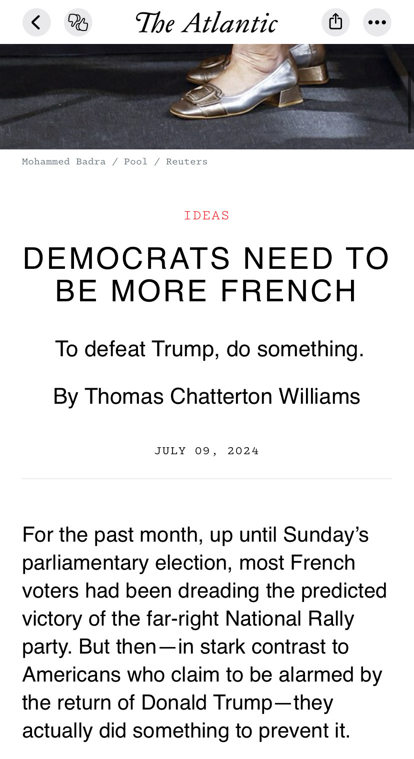 Screenshot of an article from The Atlantic: “Democrats need to be more French” by Thomas Chatterton Williams