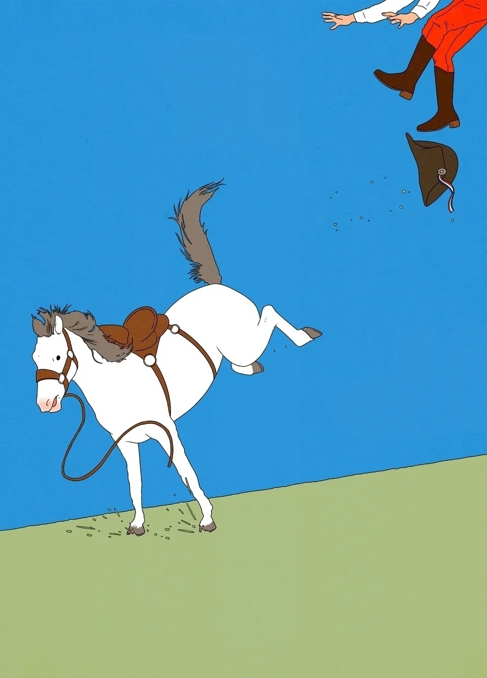 A bucking white horse throws off a rider, who is mid-air with their hat flying off against a blue sky backdrop.