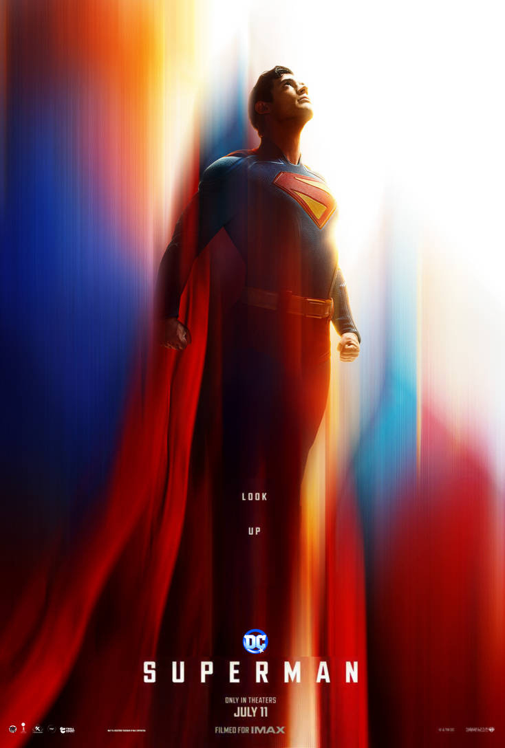 A superhero in a blue and red costume with a flowing cape stands heroically against a vibrant background with the word "Superman" below.