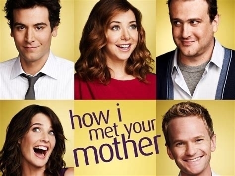 Five people are smiling and looking in various directions, arranged around the title "how i met your mother" on a yellow background.