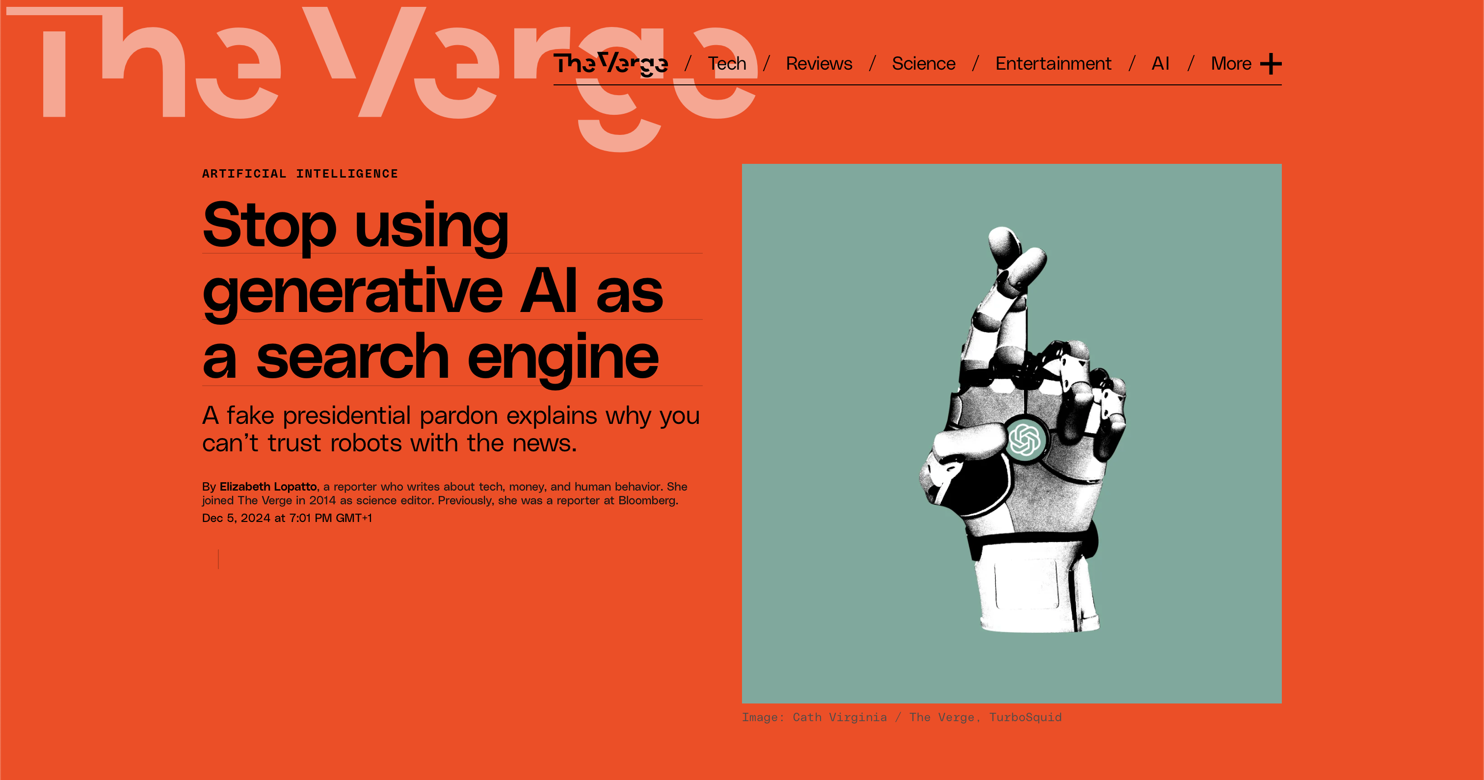 Auto-generated description: A webpage from The Verge features a headline about generative AI and shows a robotic hand making the peace sign.