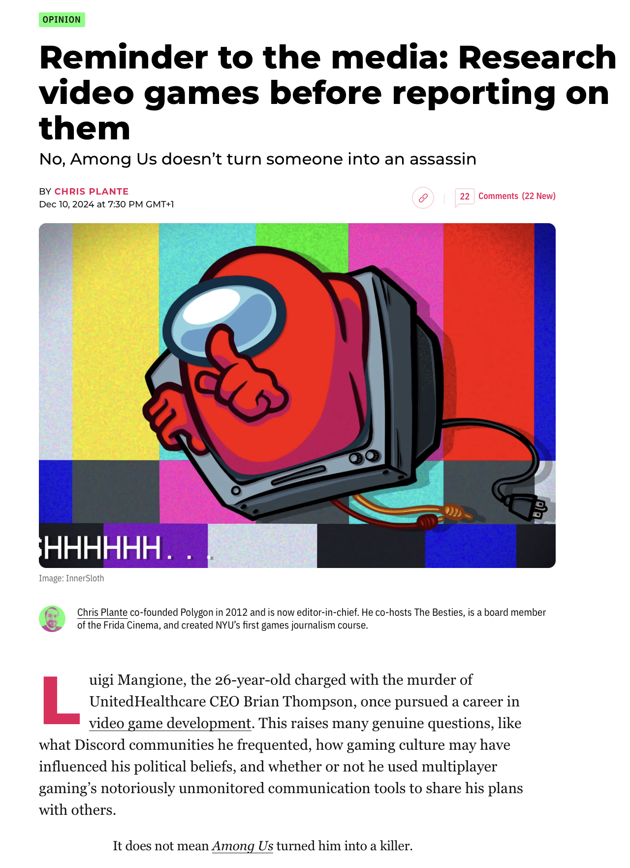 Auto-generated description: A TV with an angry face is depicted alongside an article criticizing media coverage of video games, featuring an illustration by ErenSloth and text discussing a specific murder case and video games' influence.