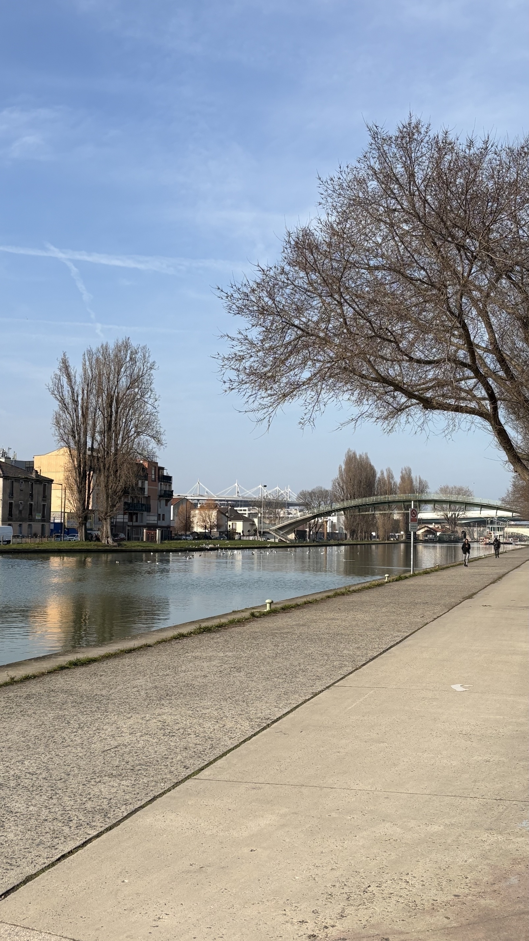 A riverside walkway is bordered by a calm waterway with trees and buildings in the background, under a clear blue sky.