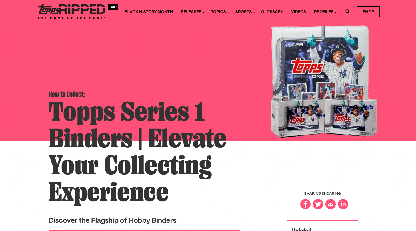 A promotional webpage showcases Topps Series 1 Binders for enhancing card collecting experiences, featuring images of the binders and baseball cards.