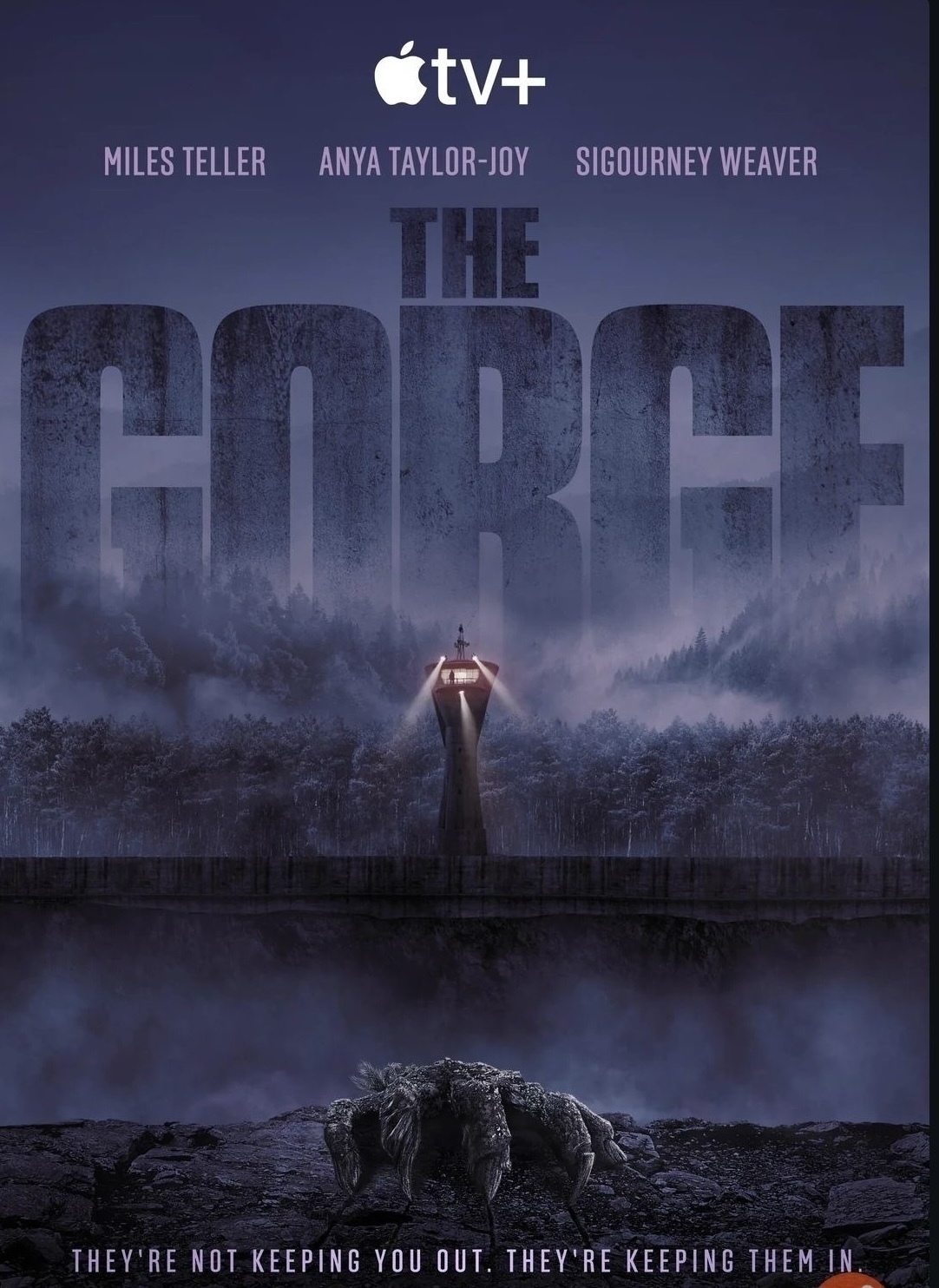 A person stands with raised arms in a foggy landscape, while a large creature approaches from below, under the title "The Gorge" and cast names.