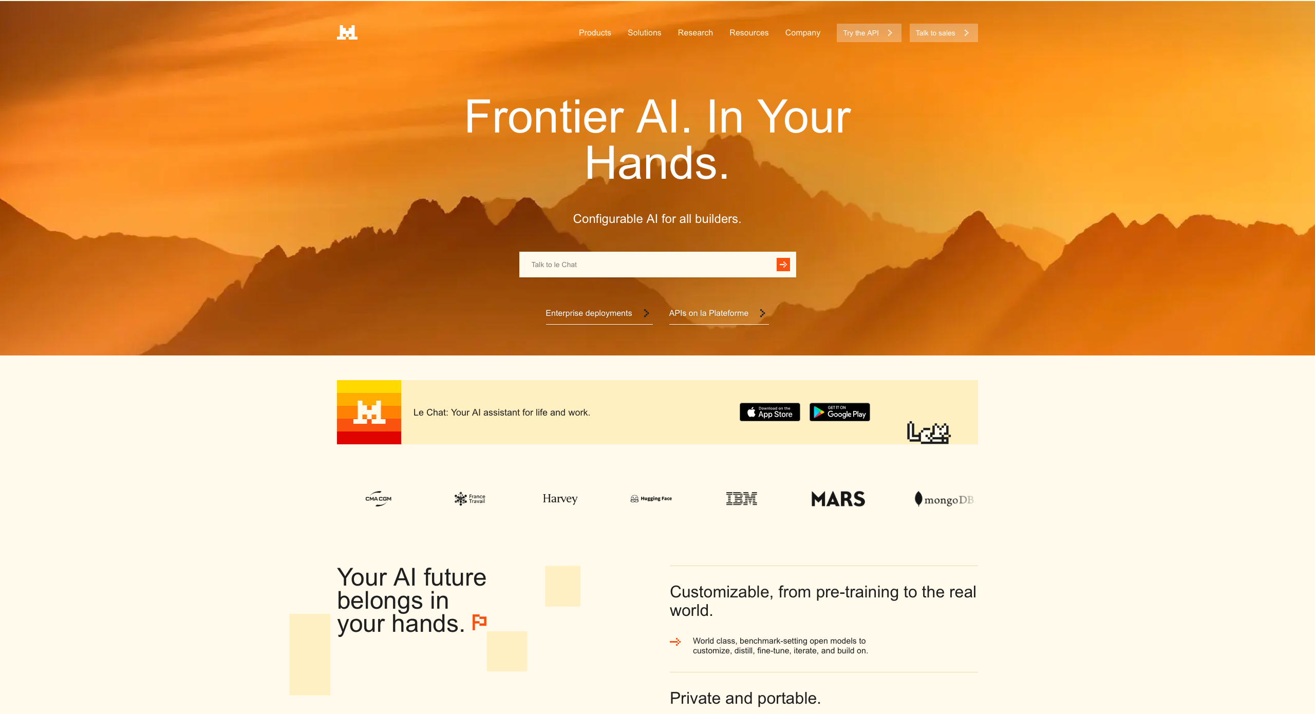  A website homepage for 'Frontier AI' with a mountain landscape background and various company logos displayed.