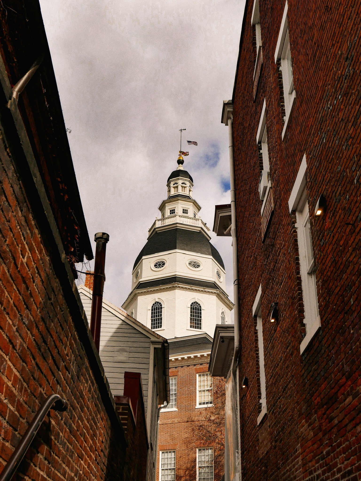 A view of a historic-looking dome framed by brick buildings on either side under a cloudy sky.