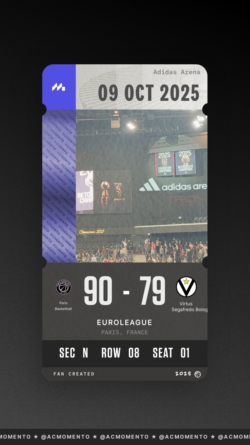 A fan-created ticket design shows a Euroleague basketball game where the Paris Basketball team won 90-79 against Virtus Segafredo Bologna, held on 09 October 2025 at the Adidas Arena.