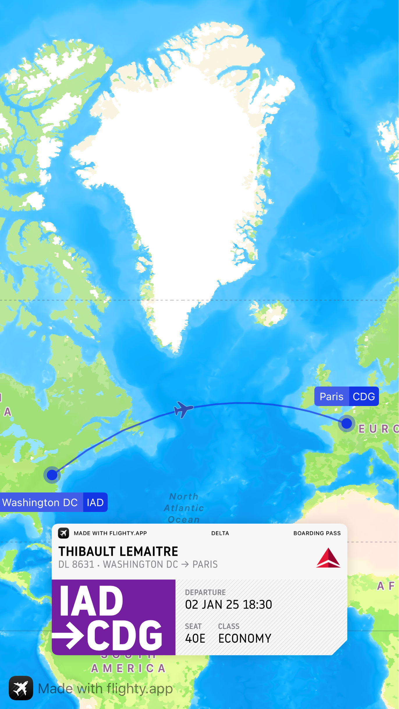 A flight path is shown on a map from Washington, D.C. (IAD) to Paris (CDG), accompanied by a boarding pass with travel details.