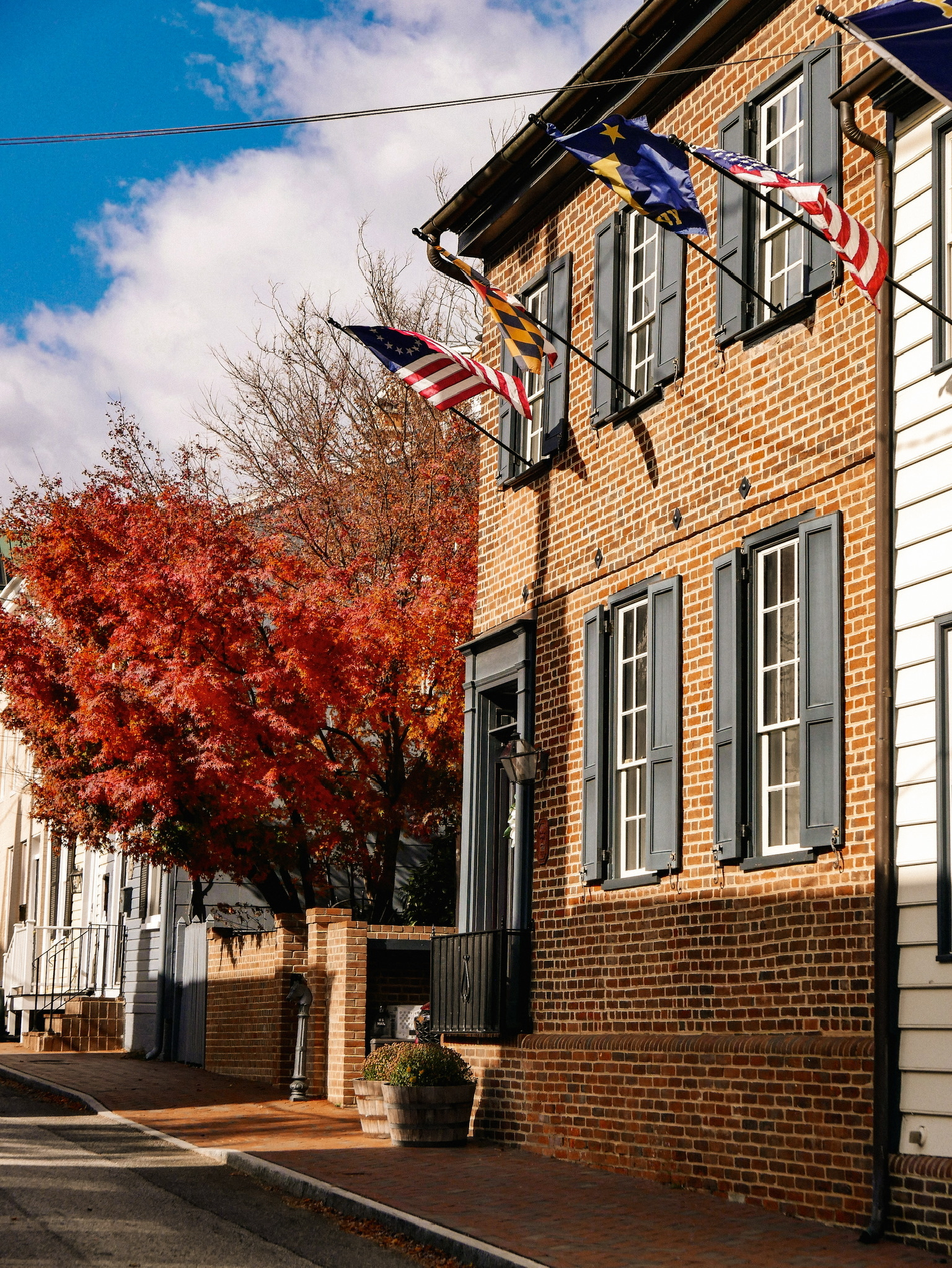 A charming brick building with colorful flags adorns a sunny street, flanked by a vibrant tree with autumn leaves.