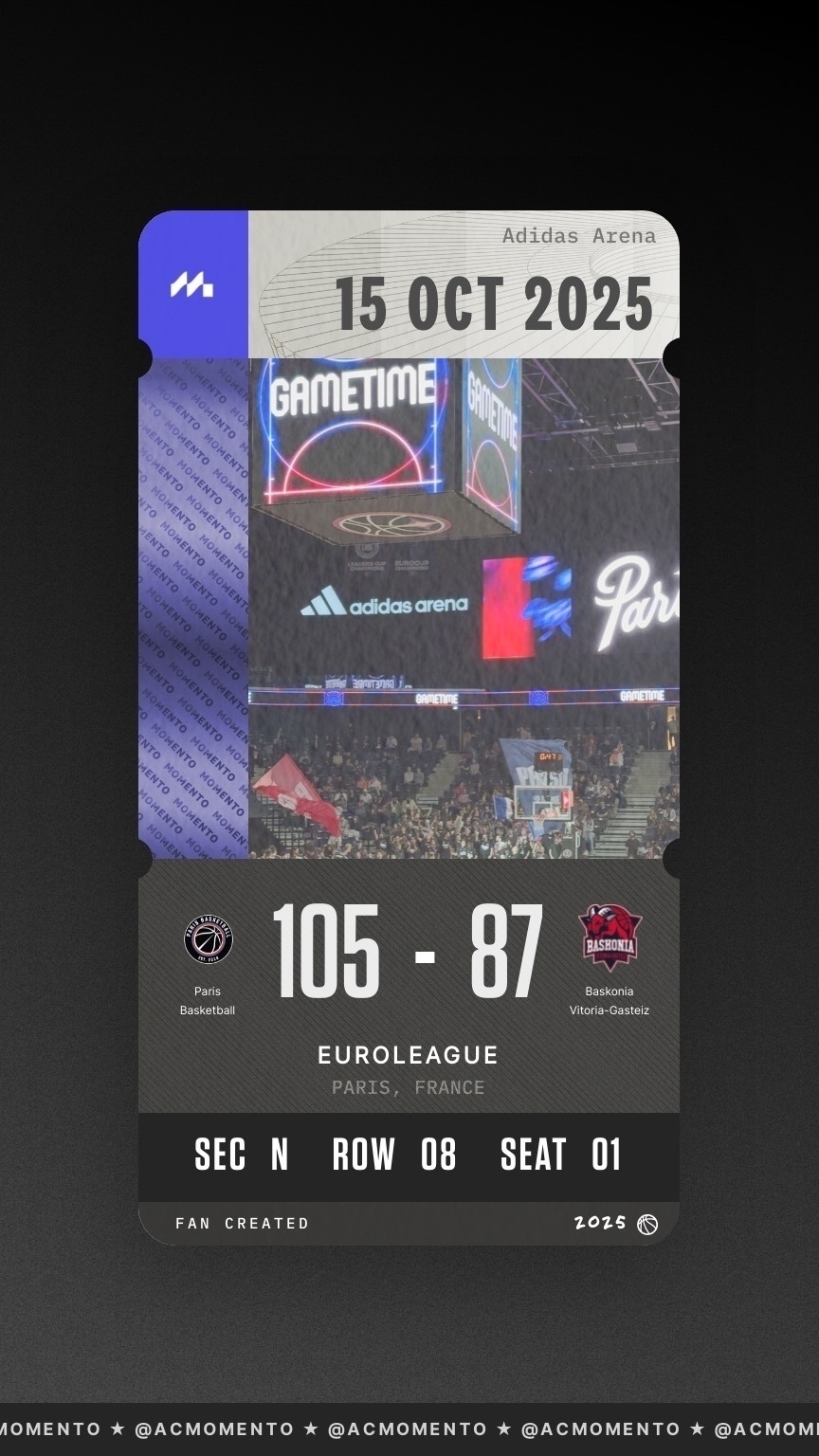 A ticket stub displays a basketball game with a score of 105-87, featuring Paris Basketball versus Baskonia, held on October 15, 2025, at Adidas Arena in Paris, France.