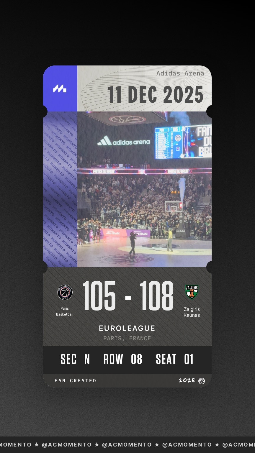 A digital ticket displays a EuroLeague basketball game between Paris Basketball and Žalgiris Kaunas at the Adidas Arena on December 11, 2025, with a final score of 105-108.