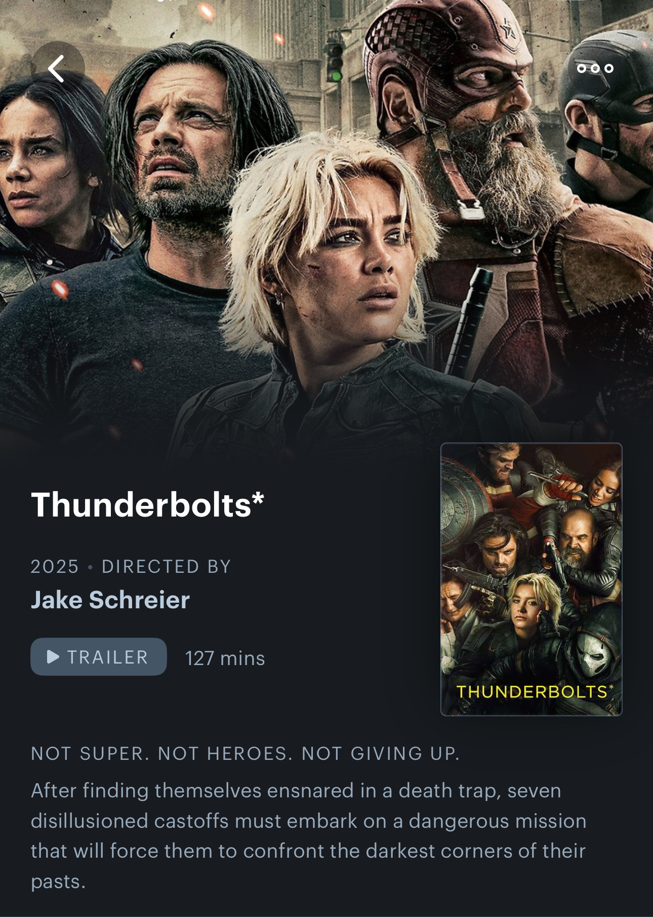 Letterboxd Screenshot for Marvel’s Thunderbolts movie. A group of intense, diverse characters is gathered under a dark, ominous sky, promoting a film titled ‘Thunderbolts’ directed by Jake Schreier. 