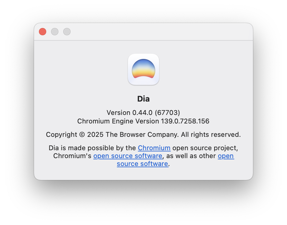 Auto-generated description: A software information window displays version and copyright details for an application named Dia, mentioning its Chromium engine and open source software links.