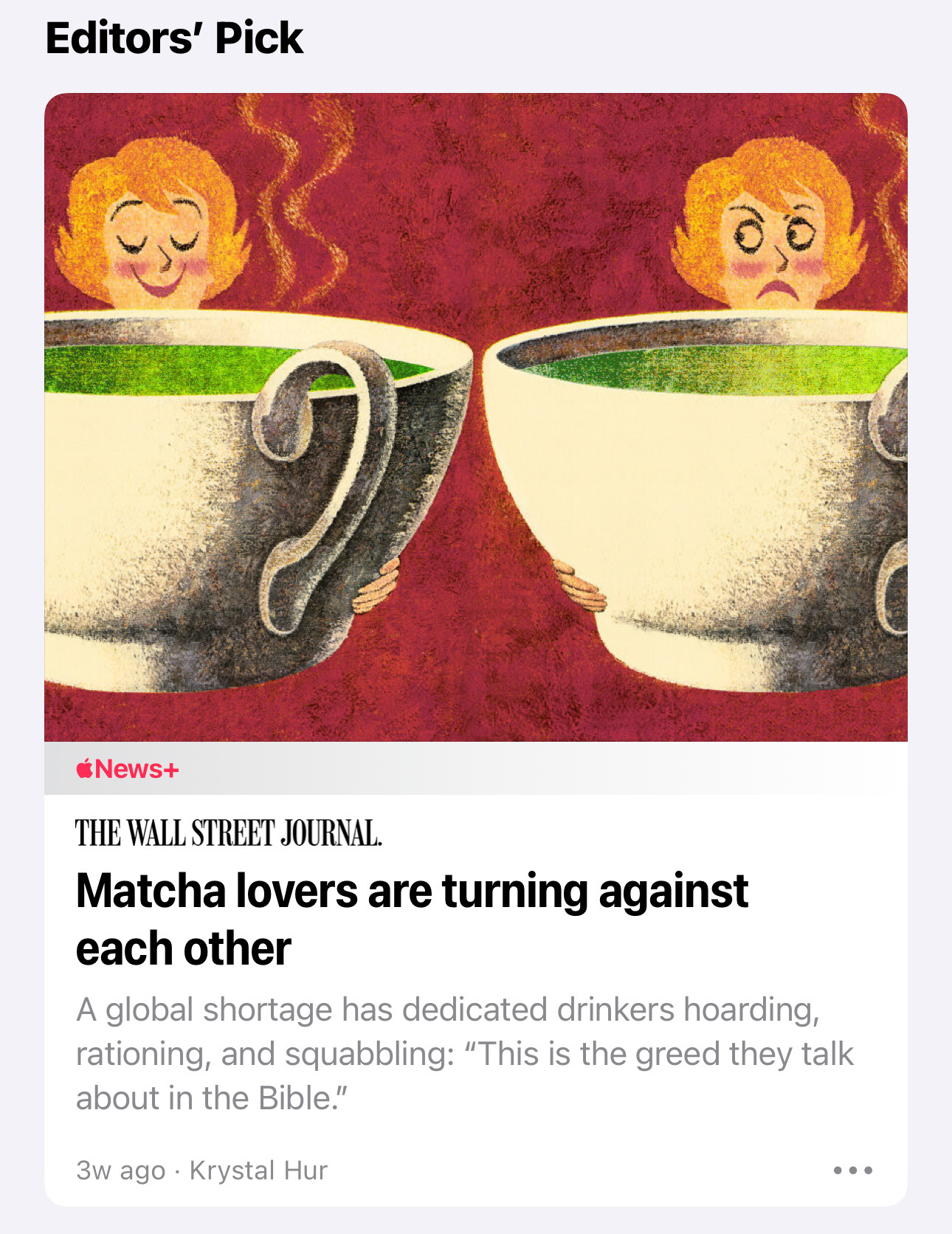 Two cartoon figures, each holding a giant teacup, are depicted on a news cover about a matcha shortage.