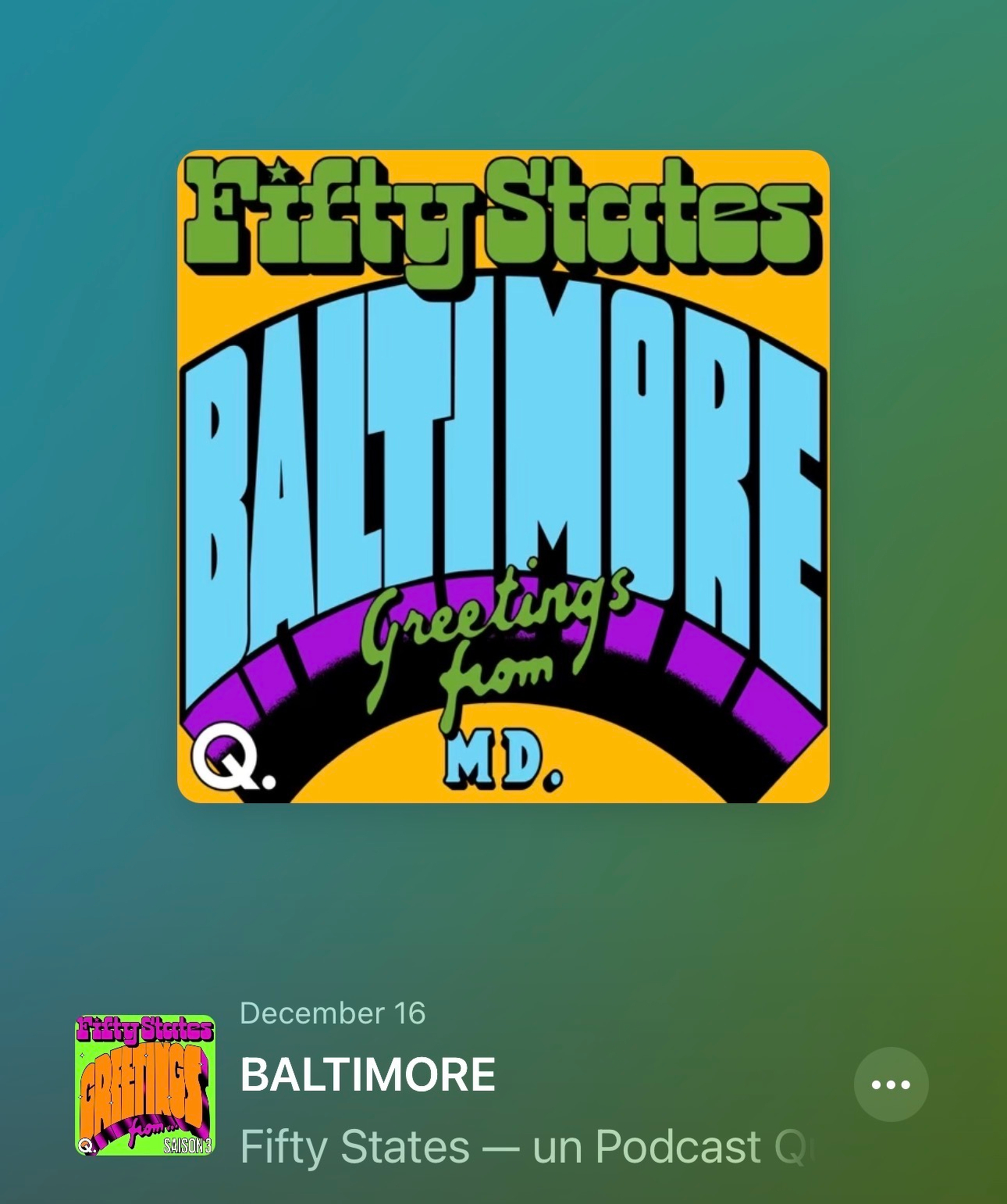 Colorful artwork features the text Greetings from Baltimore, MD with a bold, graphic design.
