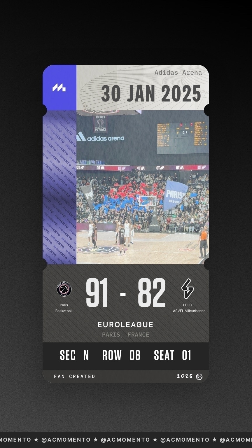 A basketball ticket shows a match between Paris Basketball and LDLC ASVEL Villeurbanne at Adidas Arena on January 30, 2025, with a final score of 91-82.