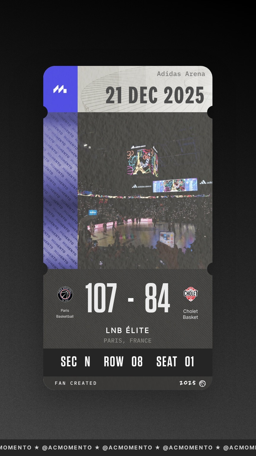 A digital ticket for a basketball game on December 21, 2025, featuring Paris Basketball vs. Cholet Basket, with a final score of 107-84.