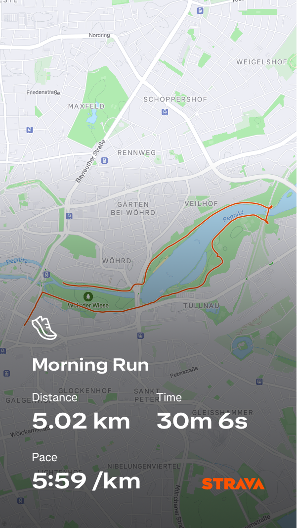A Strava map shows a morning run of 5.02 km around a park area with a path highlighted in red, accompanied by statistics for time and pace.