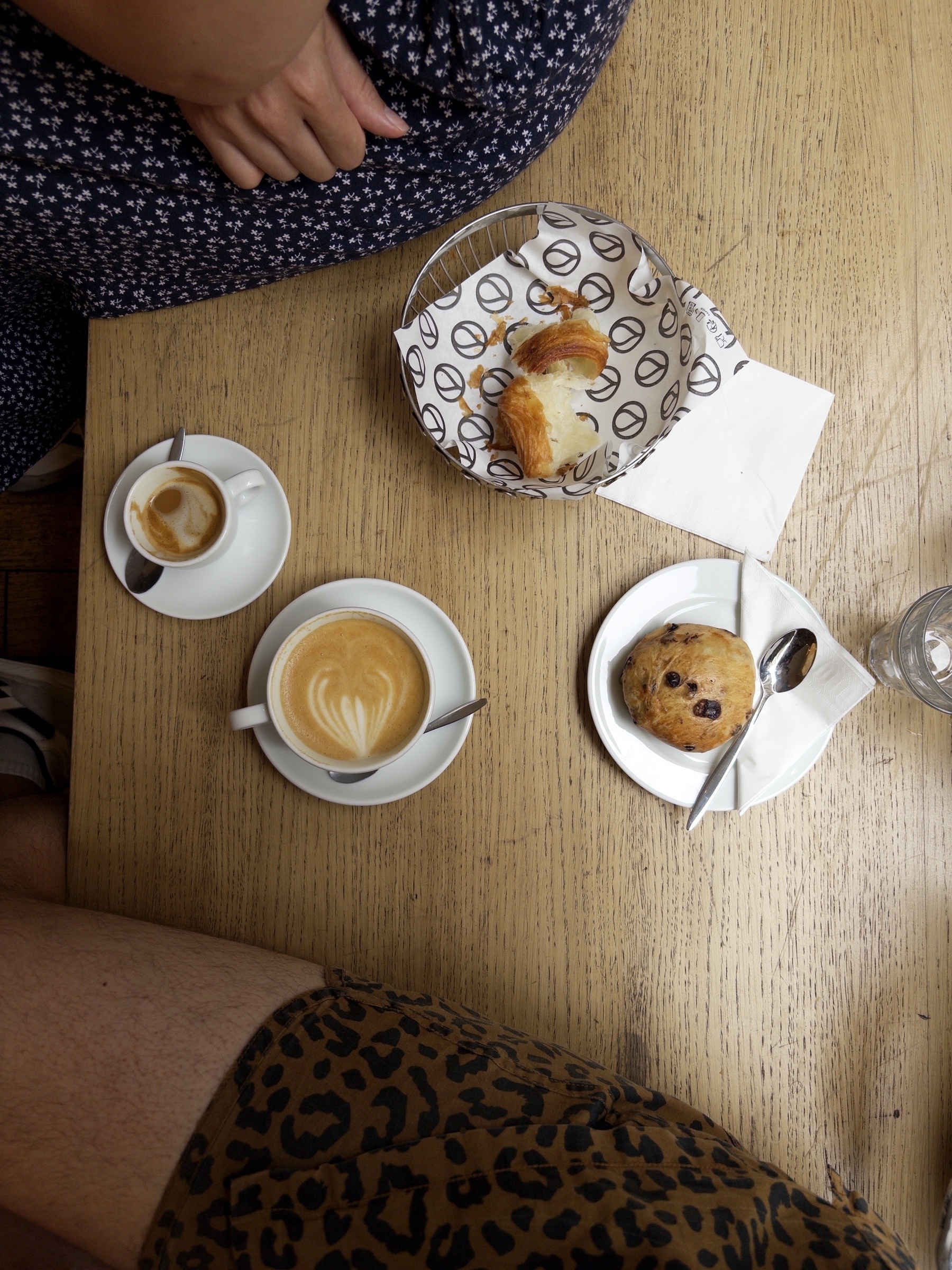 A table with a cappuccino, an empty espresso cup, a chocolate chip scone on a saucer with a spoon, a basket of bread, and two people's legs nearby.