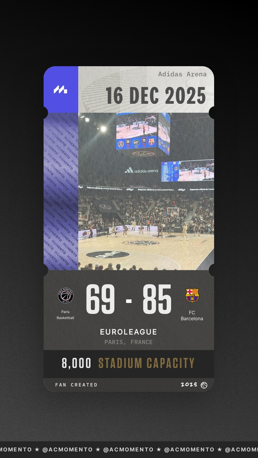 A digital ticket design displays a basketball game between Paris Basketball and FC Barcelona on December 16, 2025, with a score of 69-85 and a stadium capacity of 8,000.