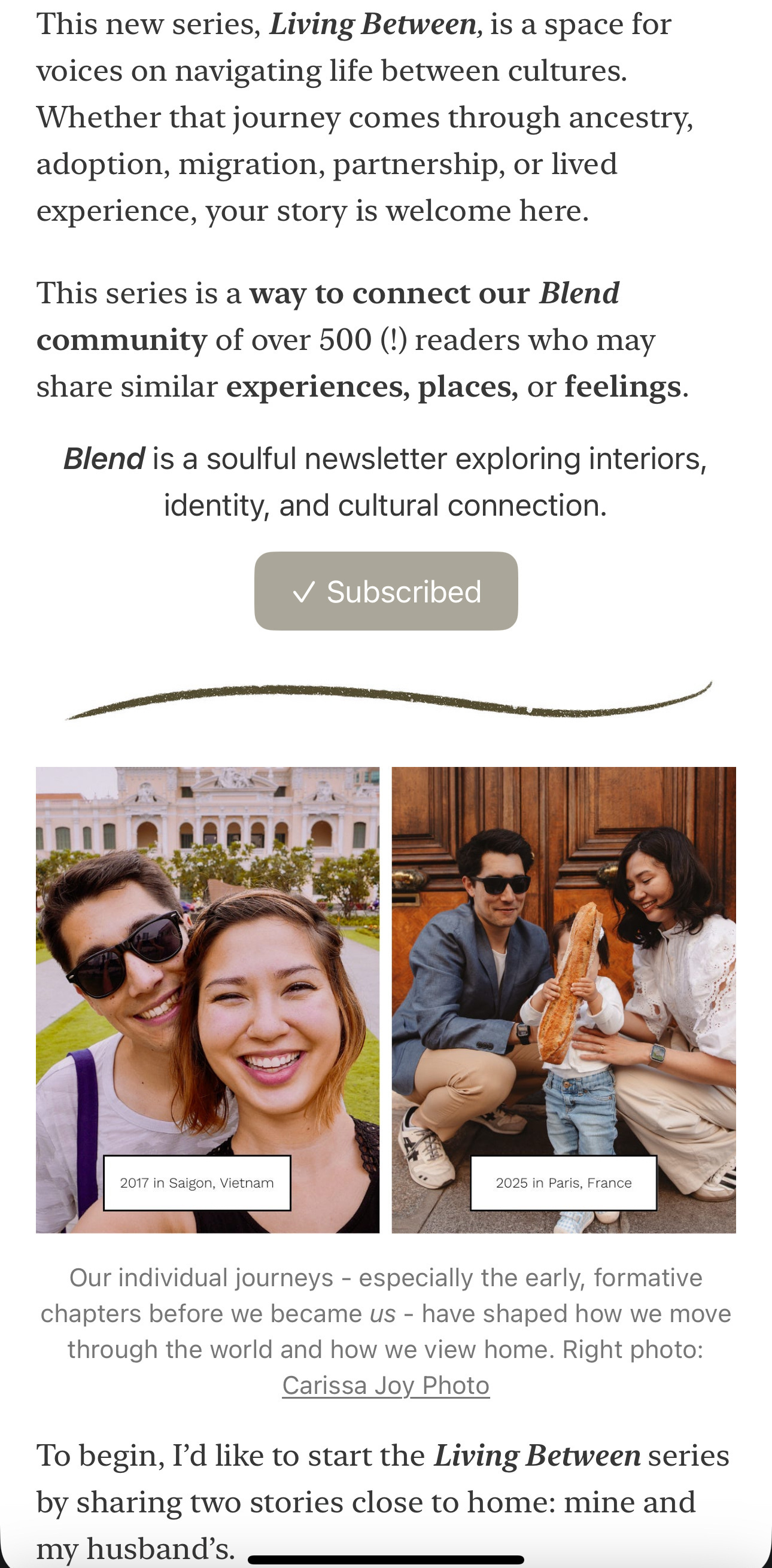 A new series, ‘Living Between’, is introduced as a platform for exploring cultural connections and personal stories, featuring a community of over 500 readers.