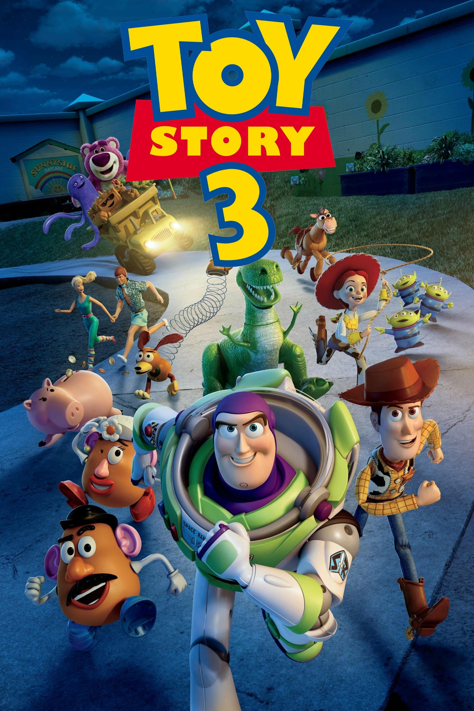 A group of animated toys, including a space ranger and a cowboy, are running towards the viewer against a nighttime backdrop, featured in the Toy Story 3 movie poster.