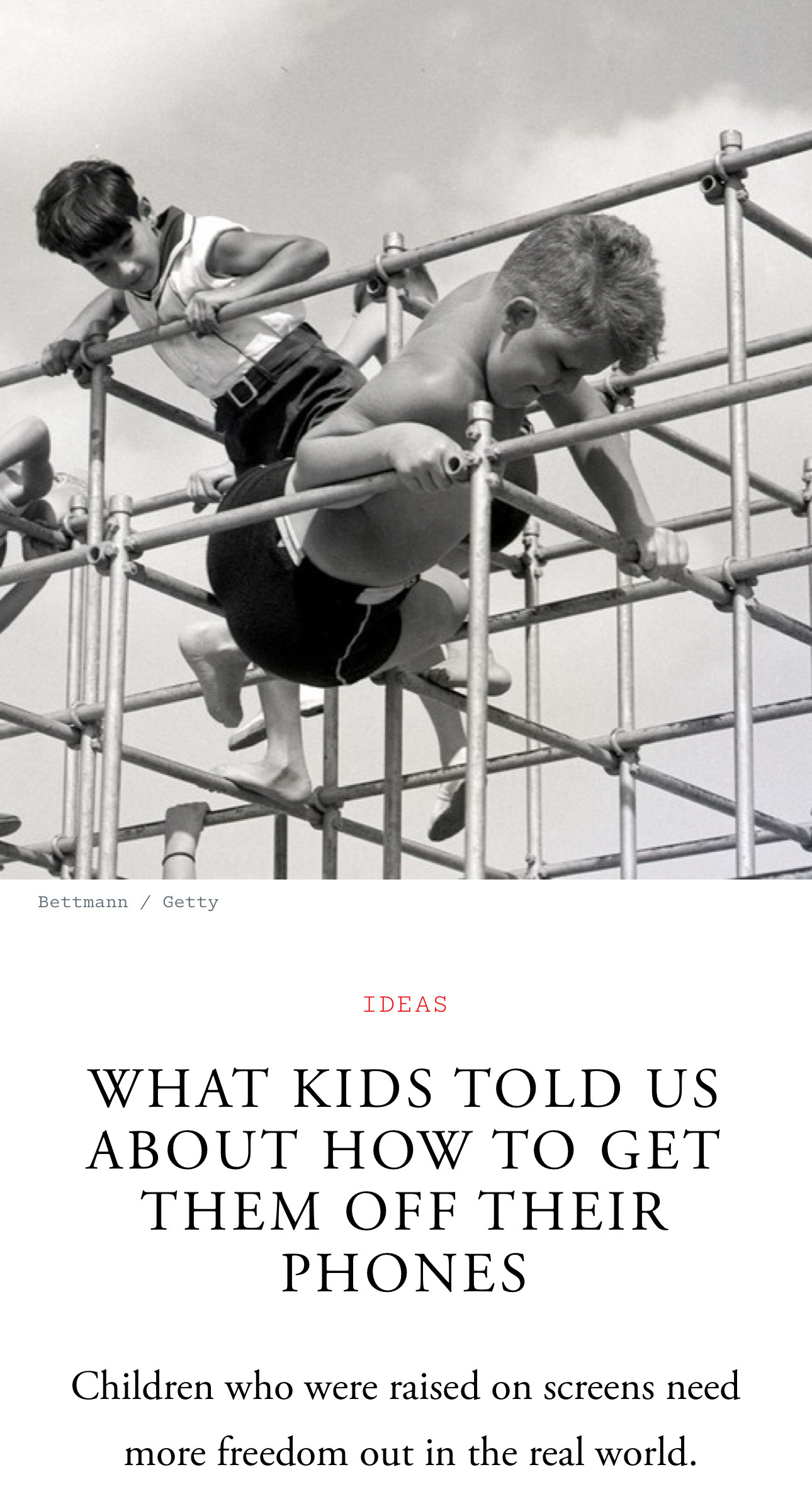 Children are climbing on a jungle gym, illustrating an article about giving kids more freedom from screens.