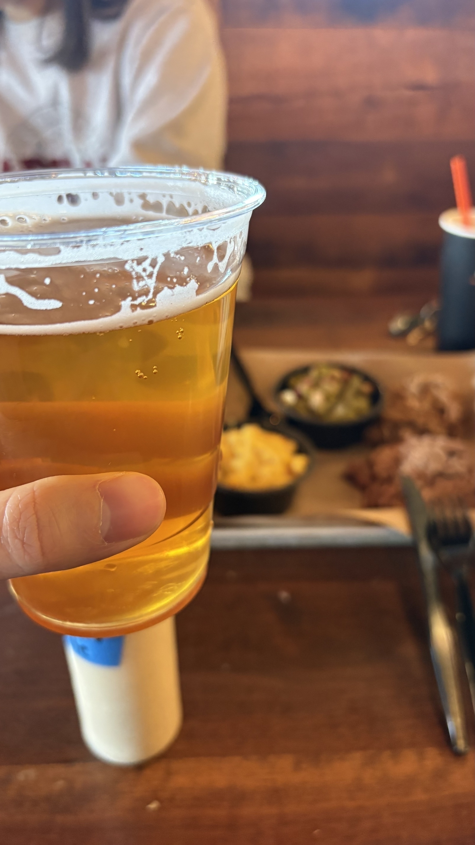 A person holds a clear plastic cup of beer in focus, with plates of food like mac and cheese and possibly coleslaw blurred in the background.