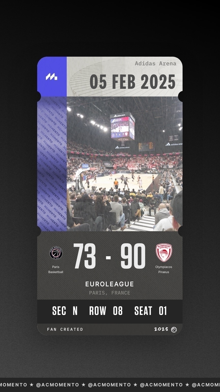 A digital ticket stub displays a basketball game at Adidas Arena, with the final score of Paris Basketball 73 to Olympiacos Piraeus 90 on February 5, 2025.