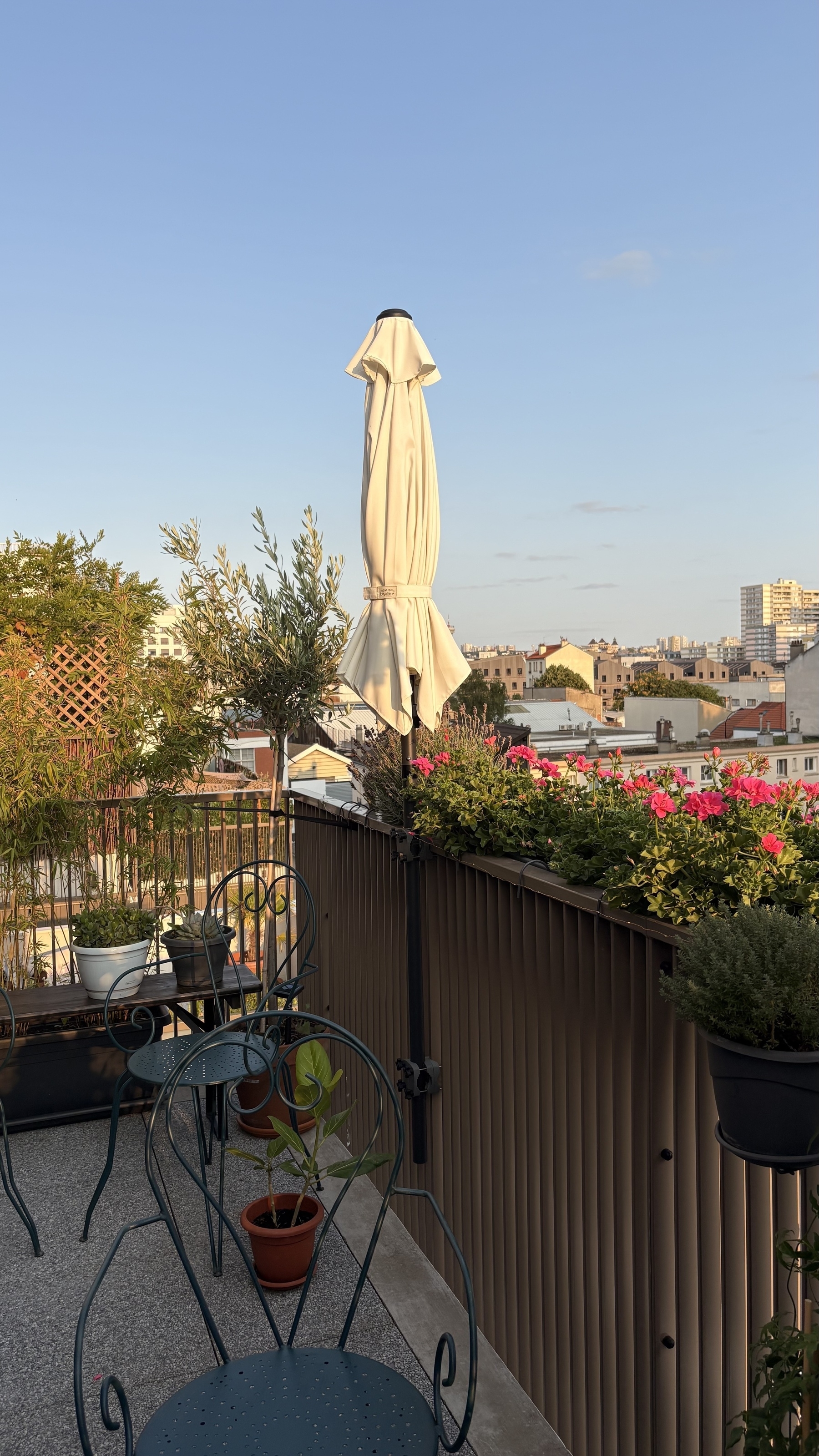 A rooftop terrace features a closed umbrella, potted plants, and wrought-iron furniture, overlooking a cityscape under a clear blue sky.