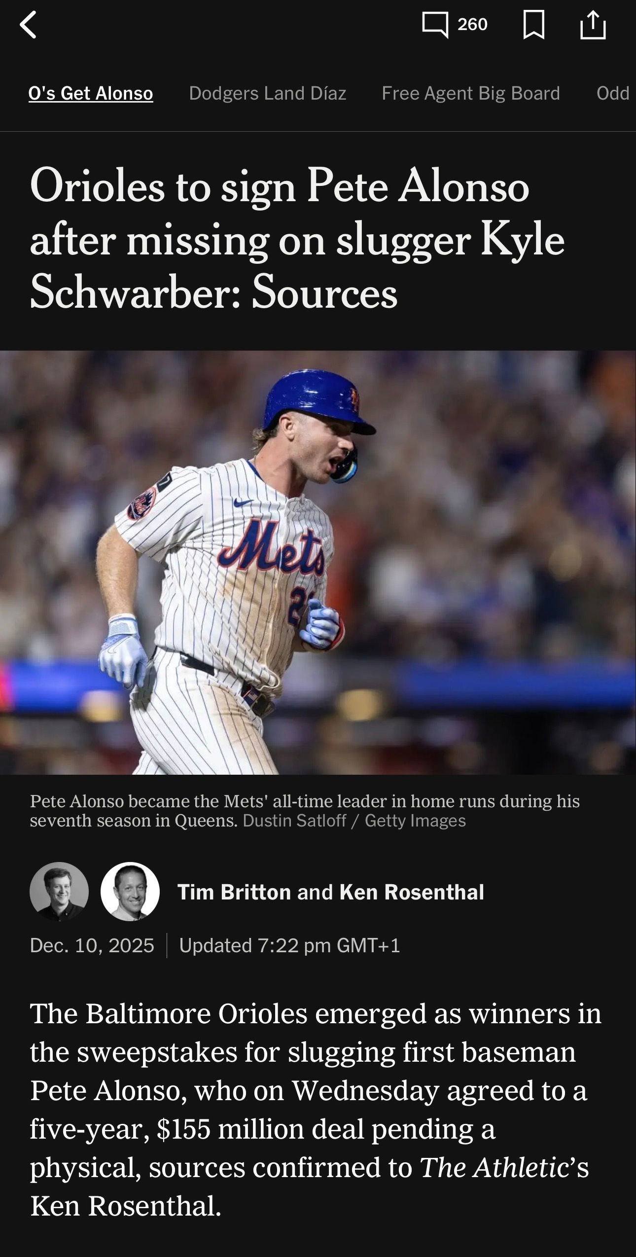 A news article reports that the Baltimore Orioles signed first baseman Pete Alonso after missing out on Kyle Schwarber, with Alonso agreeing to a five-year, $155 million deal.