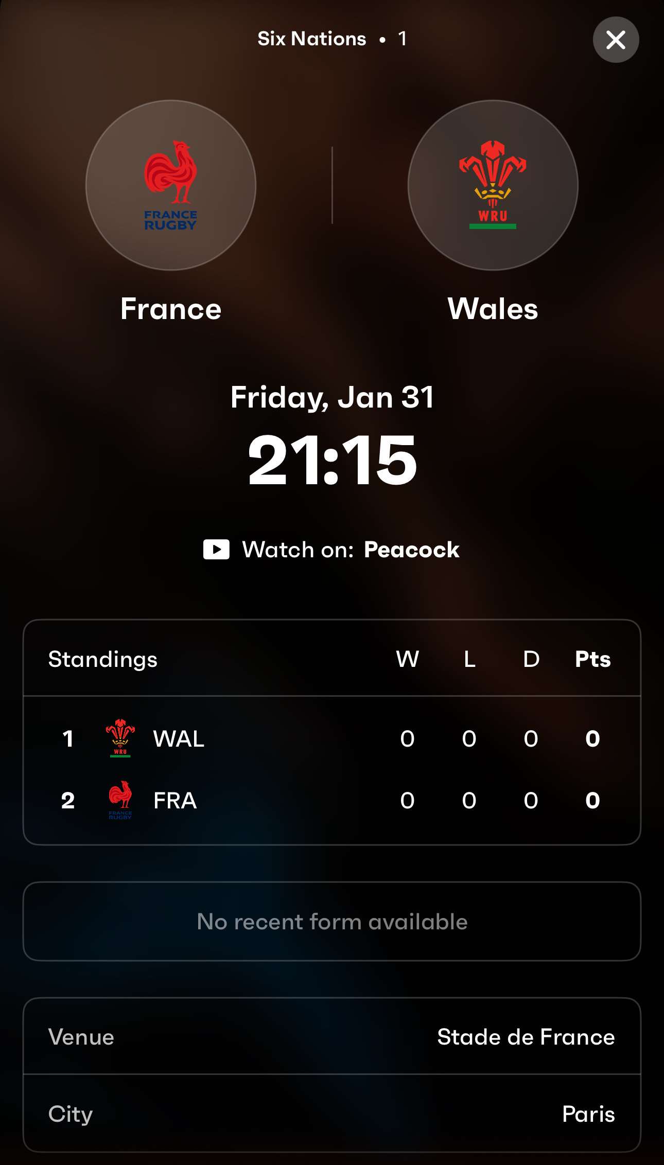 A sports schedule displays a Six Nations rugby match between France and Wales, set for Friday, January 31 at 21:15, with current standings and venue information.